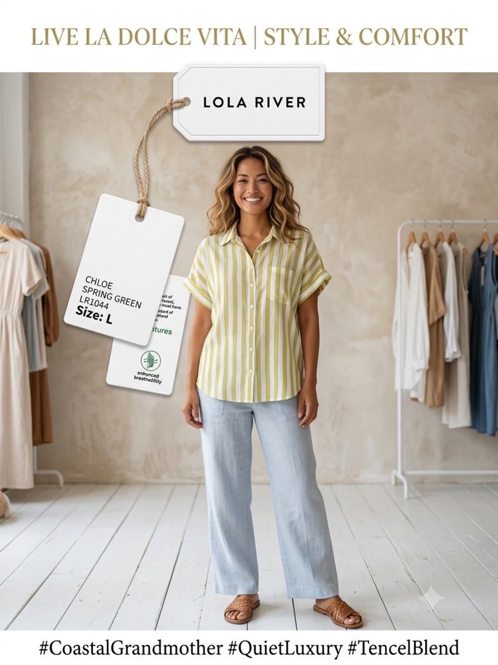 Lola River Spring Green Stripe Tencel Blouse, Size L, NWT